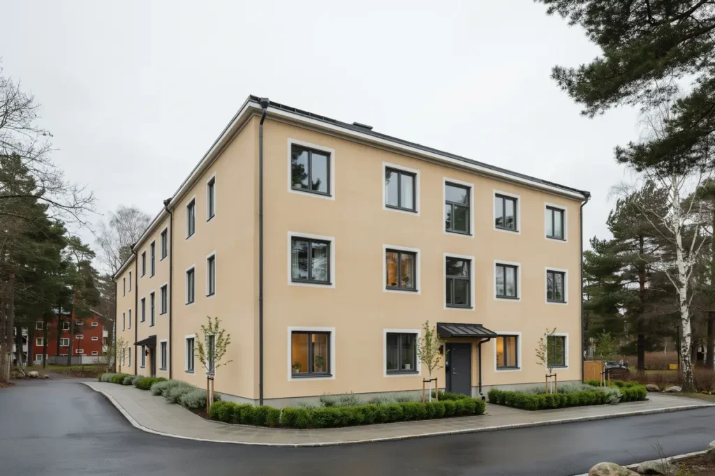 fasadrenovering med omputsning av flerbostadshus i brandbergen vendels
