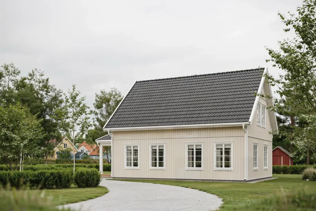 takoml ggning med nya betongpannor p villa i gud